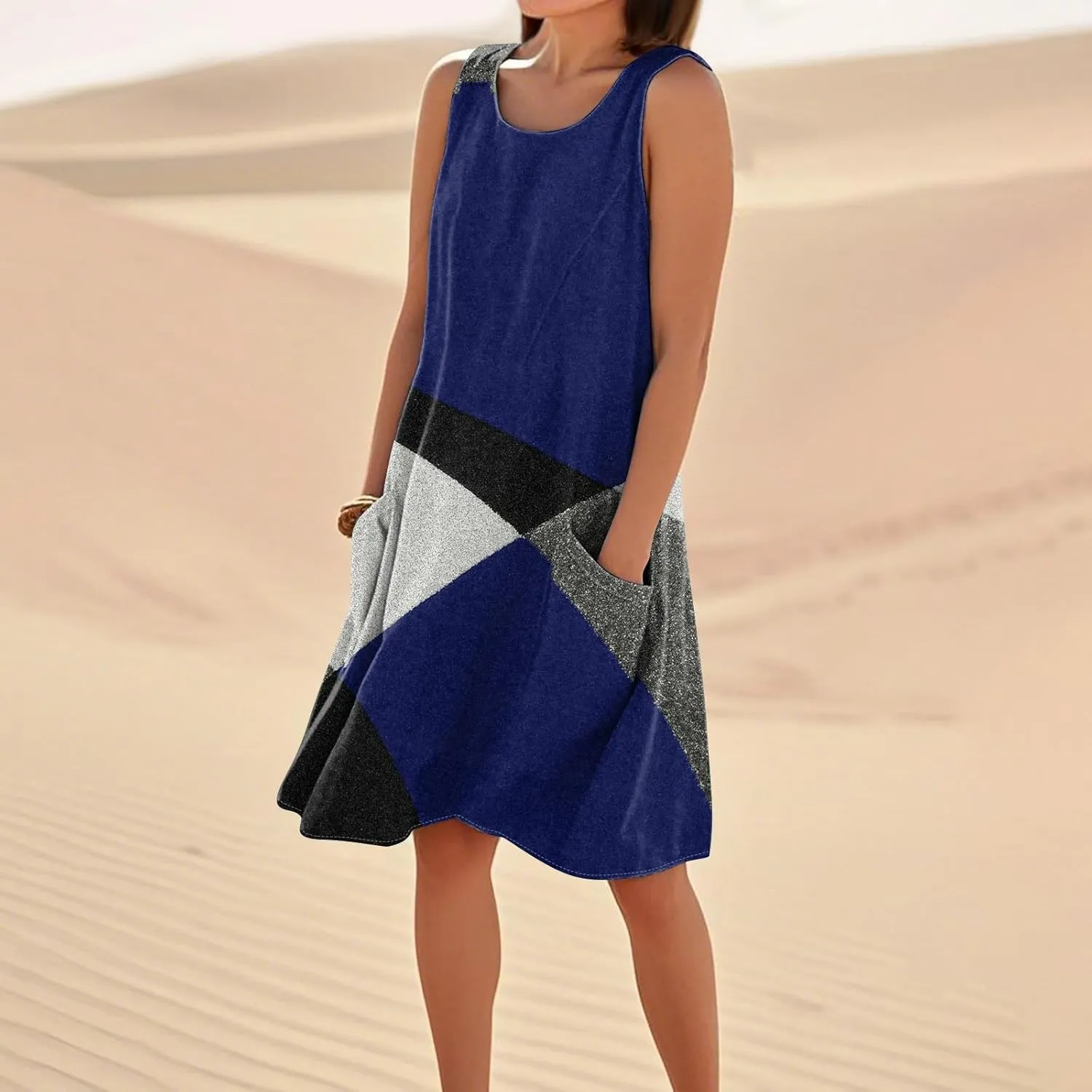 Beach Vacation Clothes for Women Casual Sleeveless A-Line Dress with Pockets Soft Lightweight Summer Sundress