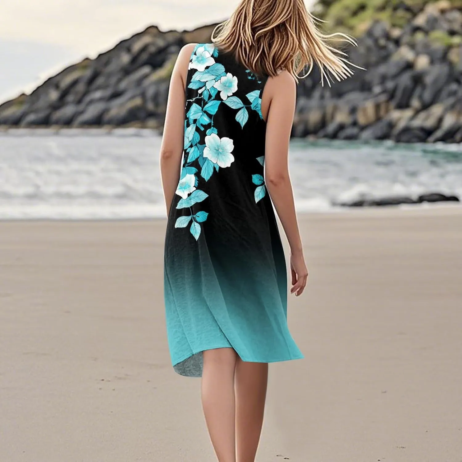 Beach Vacation Clothes for Women Casual Sleeveless A-Line Dress with Pockets Soft Lightweight Summer Sundress
