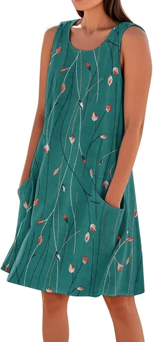 Beach Vacation Clothes for Women Casual Sleeveless A-Line Dress with Pockets Soft Lightweight Summer Sundress