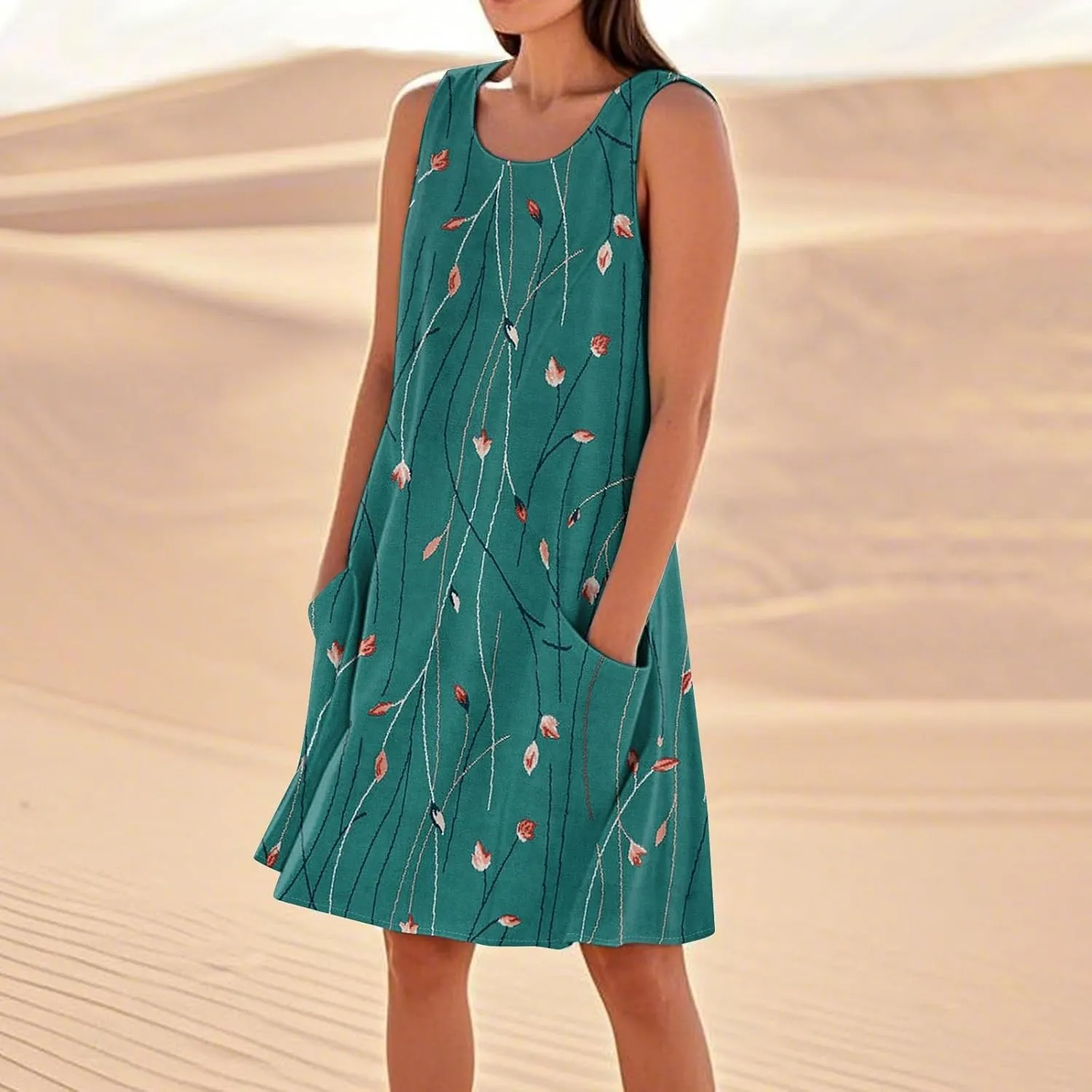 Beach Vacation Clothes for Women Casual Sleeveless A-Line Dress with Pockets Soft Lightweight Summer Sundress