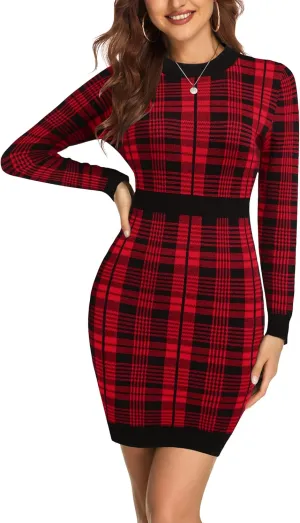 Beyove Women's Colorblock Striped Long Sleeve Cotton Knit Sweater Bodycon Dress XS-XXL
