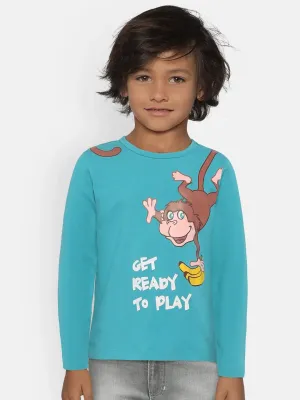 Blue Monkey Printed Round Neck Cotton T-shirt