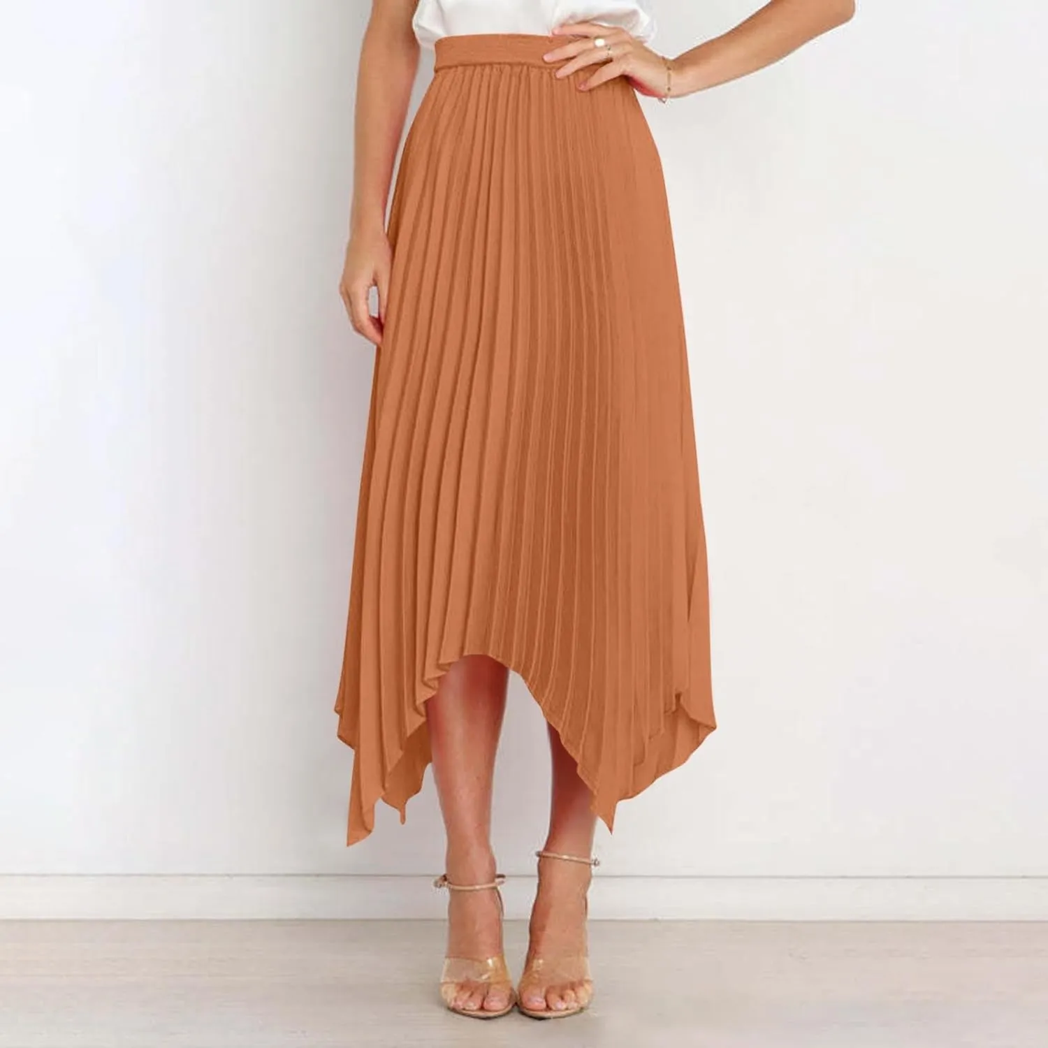 Boho Skirts for Women Casual Soft High Waisted Asymmetrical Maxi Skirt Womens Summer Long Pleated Skirt Midi Length