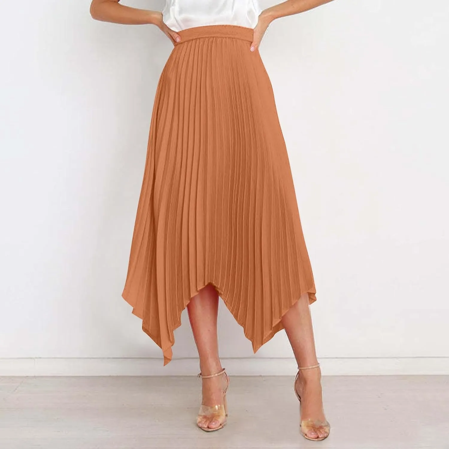 Boho Skirts for Women Casual Soft High Waisted Asymmetrical Maxi Skirt Womens Summer Long Pleated Skirt Midi Length