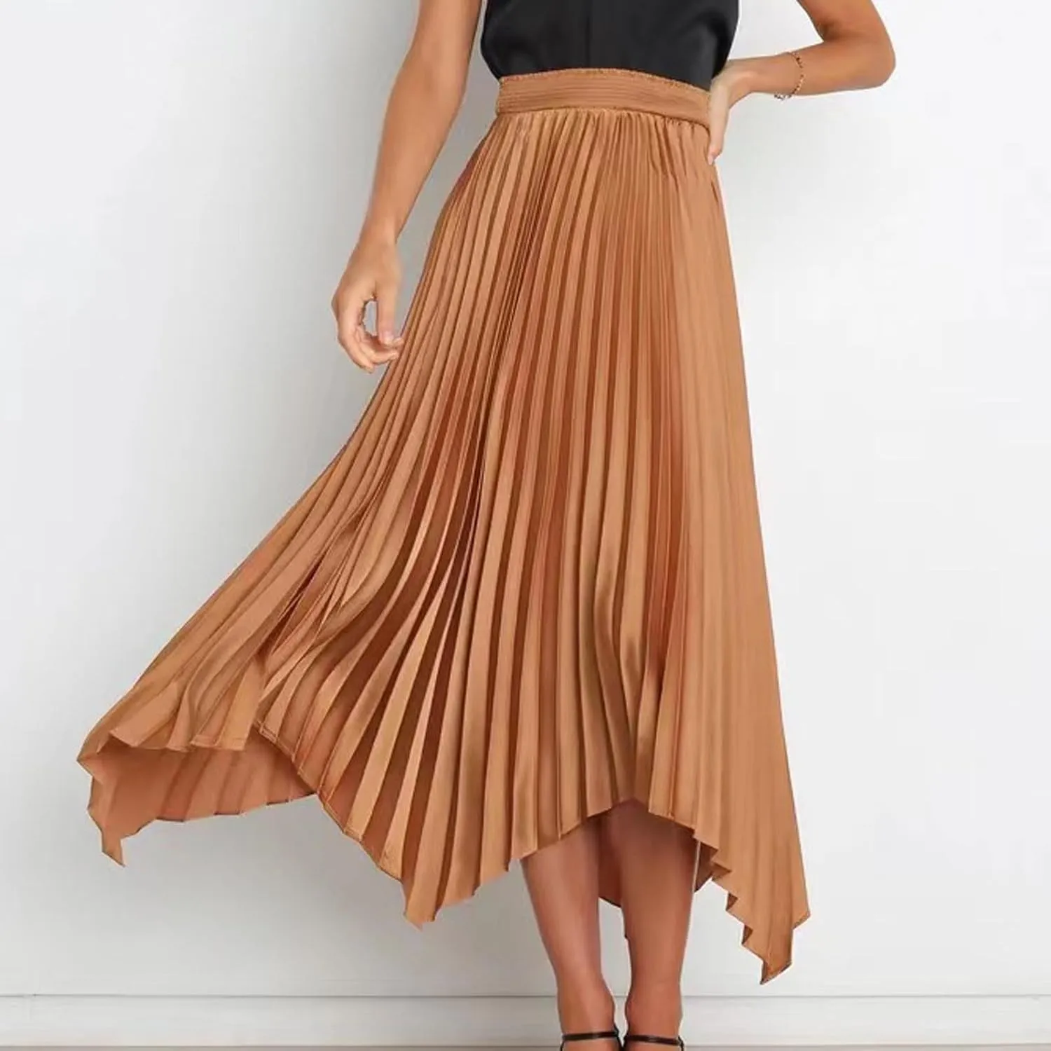 Boho Skirts for Women Casual Soft High Waisted Asymmetrical Maxi Skirt Womens Summer Long Pleated Skirt Midi Length