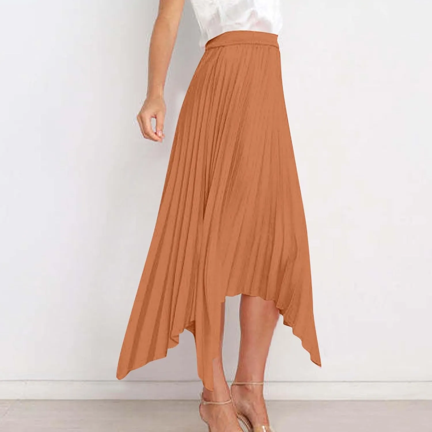 Boho Skirts for Women Casual Soft High Waisted Asymmetrical Maxi Skirt Womens Summer Long Pleated Skirt Midi Length
