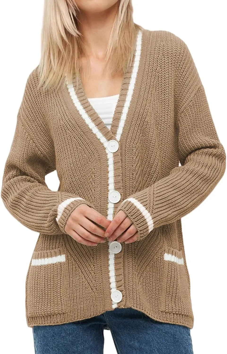 Button Down Sweaters for Women V Neck Color Block Cardigan Sweater Long Sleeve Chunky Knit Coat