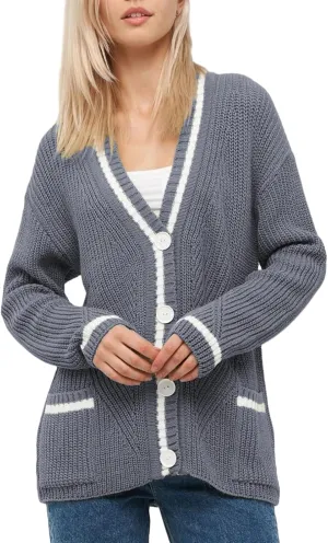 Button Down Sweaters for Women V Neck Color Block Cardigan Sweater Long Sleeve Chunky Knit Coat