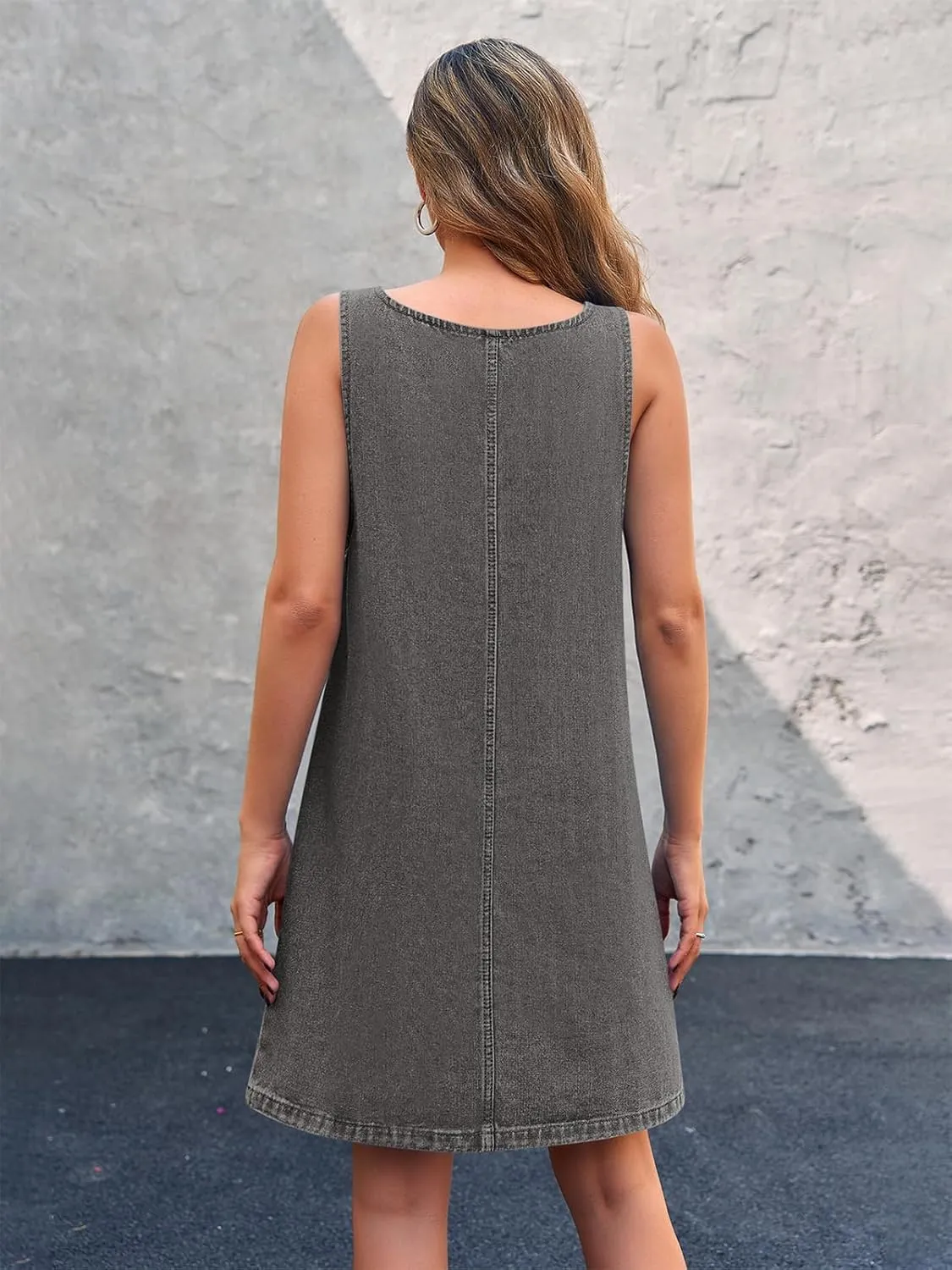 BZB Women's Sleeveless Casual Denim Dress Crewneck Vintage Loose Jean Overall Dress with Pockets