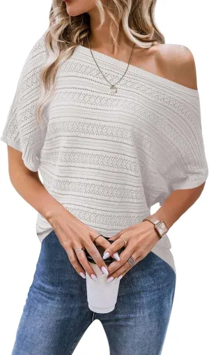 Cakulo Womens Summer Crochet Tops Hollow Out Off The Shoulder Short Sleeve Batwing Knit Spring Sweater Top 2025