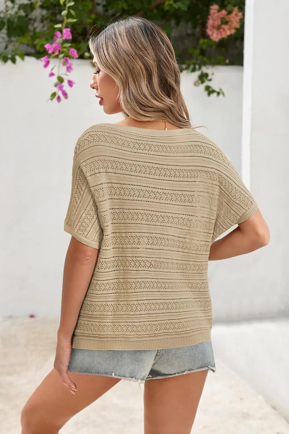 Cakulo Womens Summer Crochet Tops Hollow Out Off The Shoulder Short Sleeve Batwing Knit Spring Sweater Top 2025