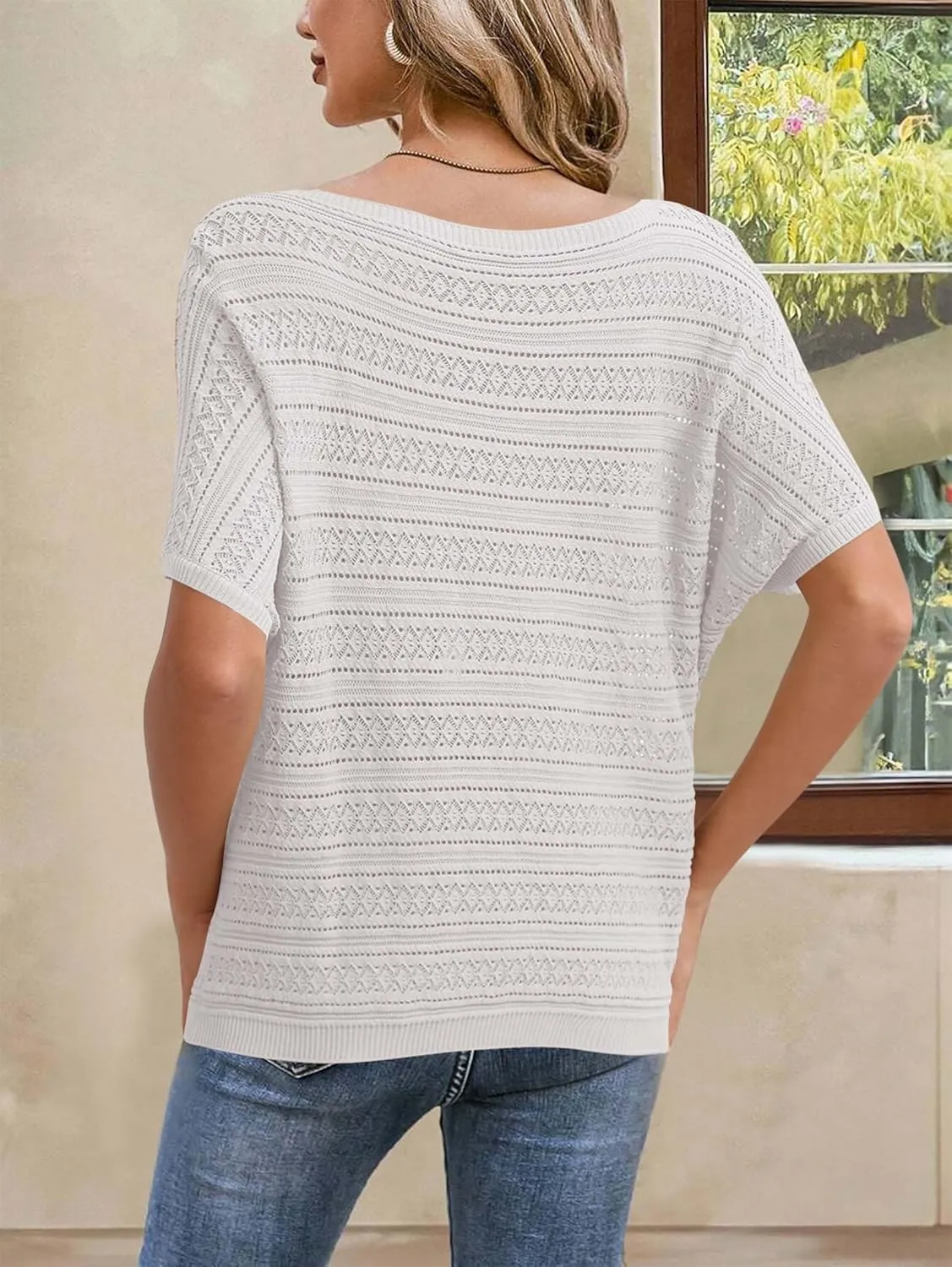 Cakulo Womens Summer Crochet Tops Hollow Out Off The Shoulder Short Sleeve Batwing Knit Spring Sweater Top 2025