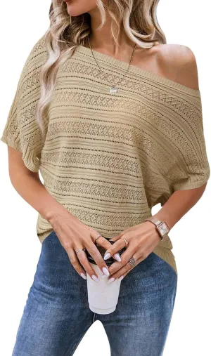 Cakulo Womens Summer Crochet Tops Hollow Out Off The Shoulder Short Sleeve Batwing Knit Spring Sweater Top 2025