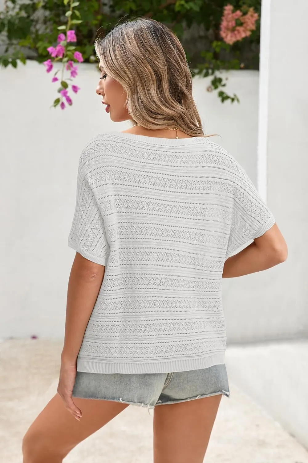 Cakulo Womens Summer Crochet Tops Hollow Out Off The Shoulder Short Sleeve Batwing Knit Spring Sweater Top 2025