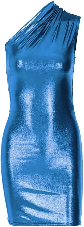 ccisppal Womens One Shoulder Shiny Ruched Bodycon Cocktail Sleeveless Metallic Dress Party Wedding Summer Dresses 2023