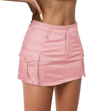 Century Star Womens Y2k Low Waist Mini Cargo Denim Skirt Button Bodycon with Pocket