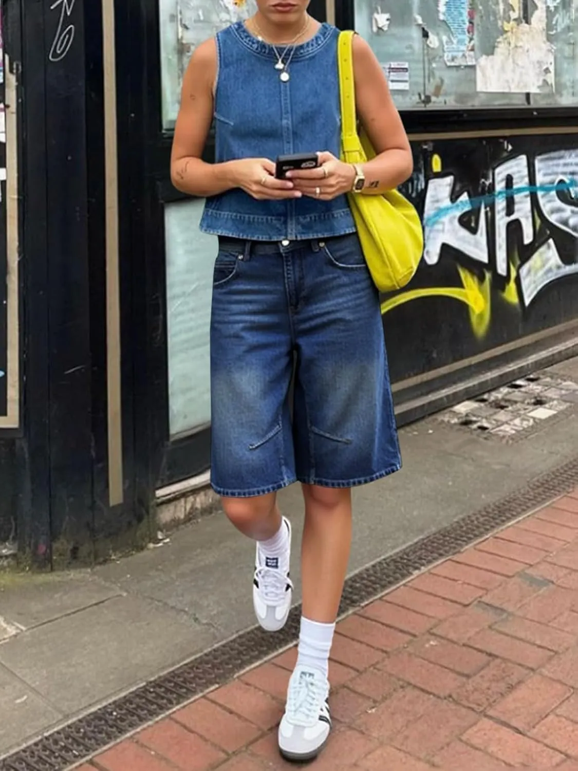 Cicy Bell Womens Summer Wide Leg Denim Shorts Casual Loose Mid Rise Jorts Bermuda Knee Length Jeans Shorts