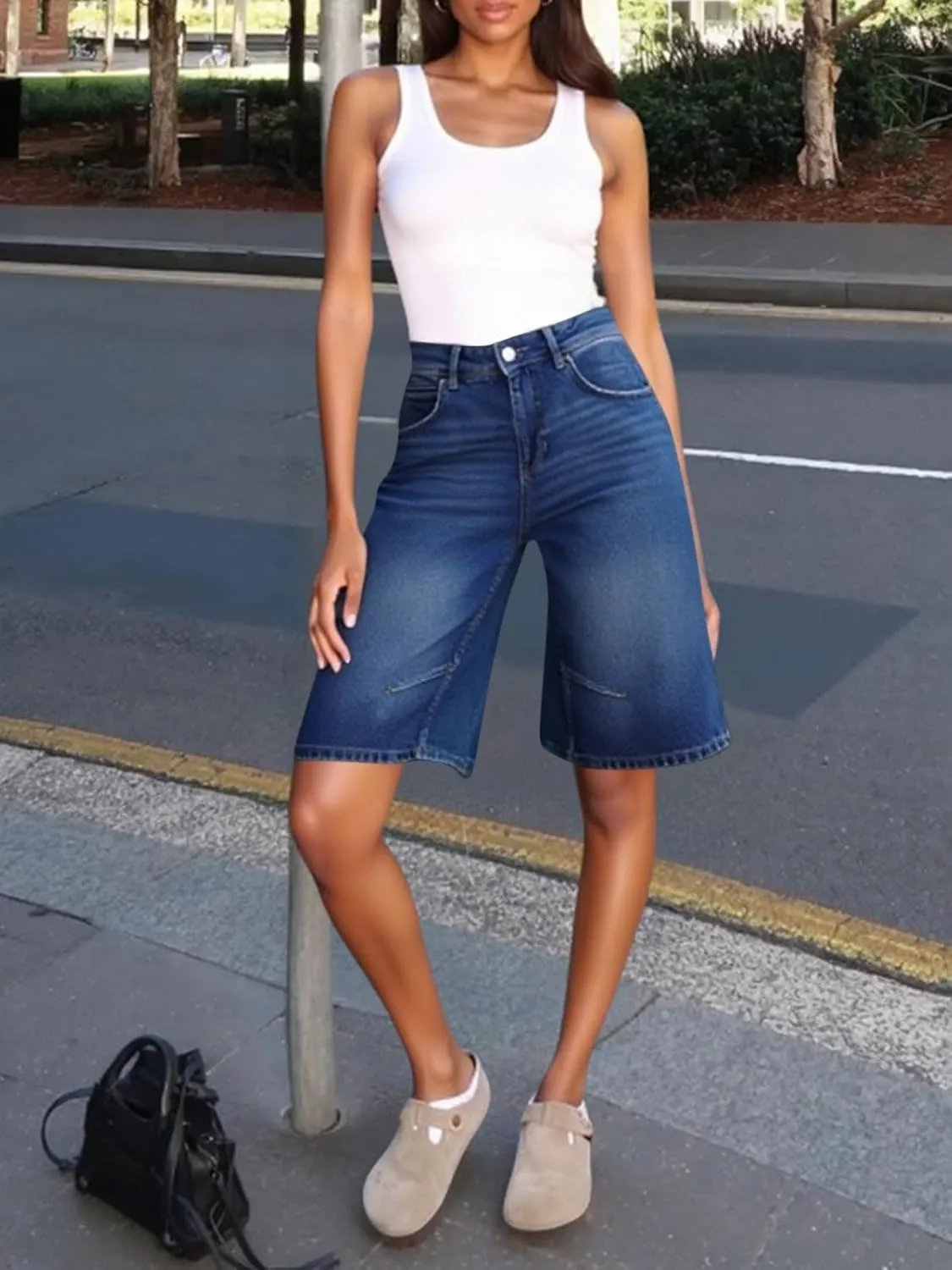 Cicy Bell Womens Summer Wide Leg Denim Shorts Casual Loose Mid Rise Jorts Bermuda Knee Length Jeans Shorts
