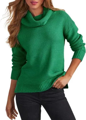 cordat Women's Long Sleeve Turtleneck Cozy Knit Sweater Casual Loose Side Slit Pullover Jumper Tops