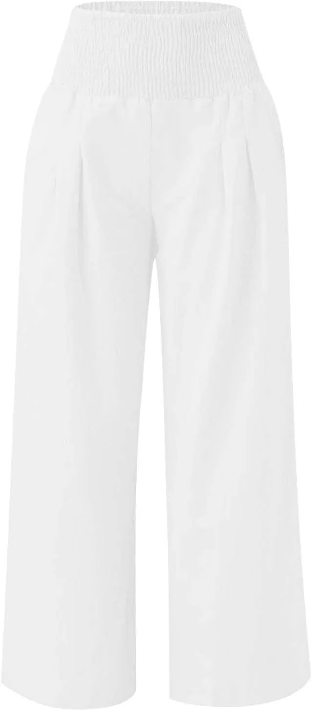 Cotton Linen Palazzo Pants for Girls Casual Smocked High Waist Wide Leg Long Pants Kids Summer Beach Lounge Trousers