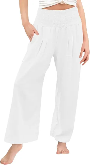 Cotton Linen Palazzo Pants for Girls Casual Smocked High Waist Wide Leg Long Pants Kids Summer Beach Lounge Trousers
