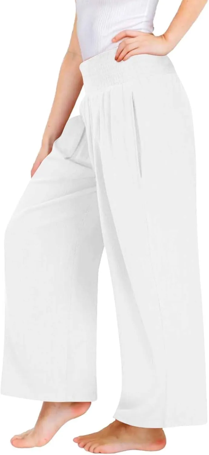 Cotton Linen Palazzo Pants for Girls Casual Smocked High Waist Wide Leg Long Pants Kids Summer Beach Lounge Trousers