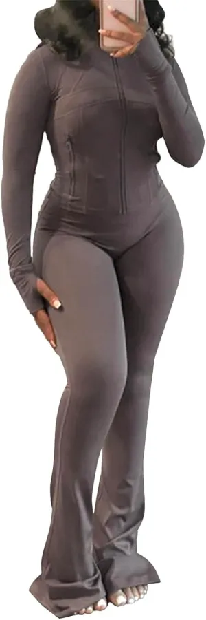 cu4eve Womens Two Piece Outfits Fall Workout Zip Up Sweatshirt And Jogger Flare Yoga Pants Gym Sweat Suits 2 Piece Set