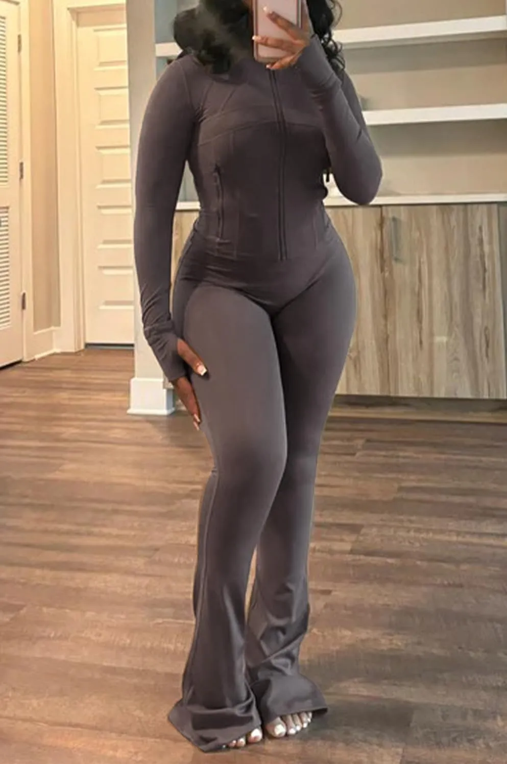 cu4eve Womens Two Piece Outfits Fall Workout Zip Up Sweatshirt And Jogger Flare Yoga Pants Gym Sweat Suits 2 Piece Set