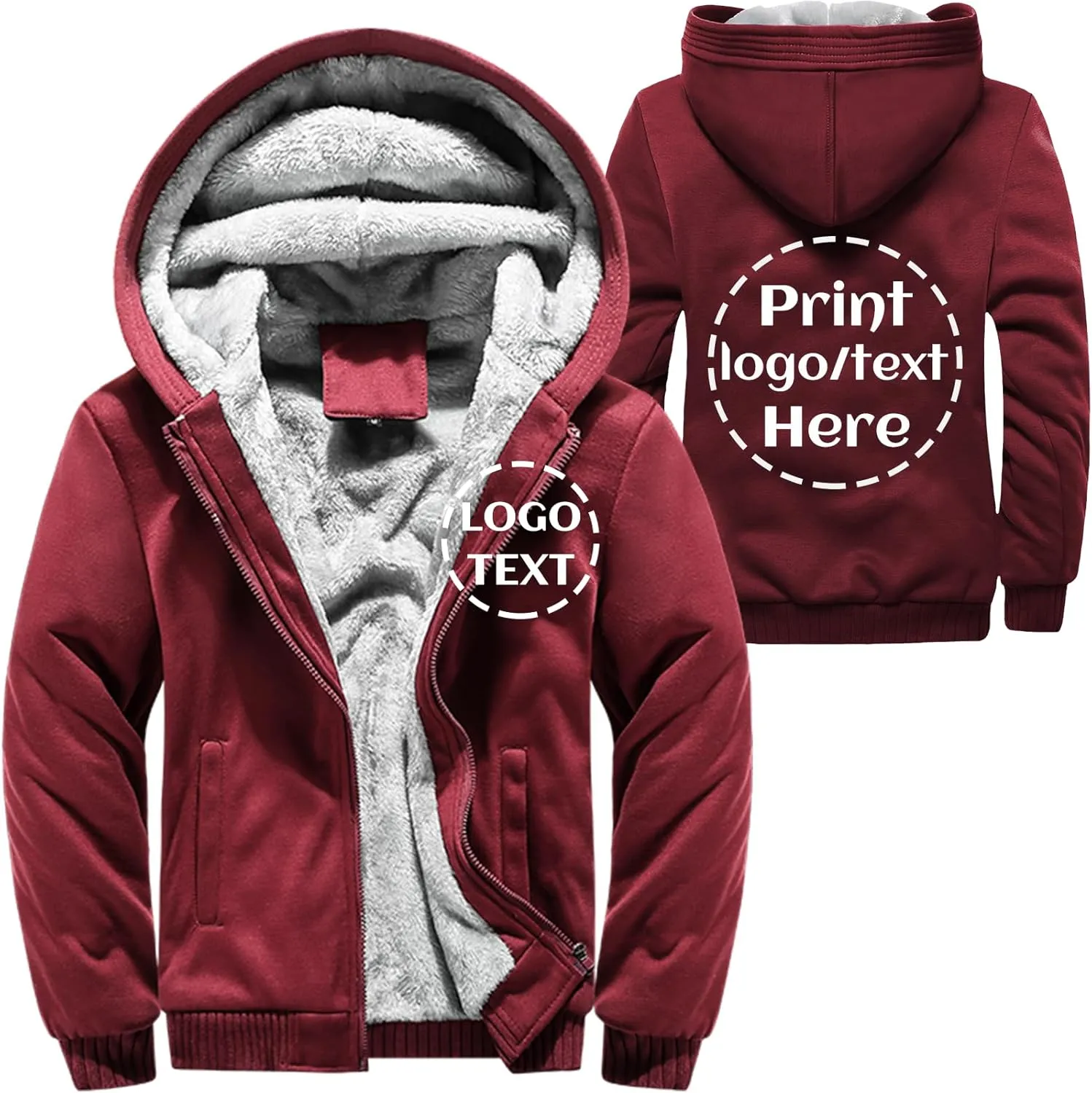 Custom Winter Warm Fleece Jacket Thick Sherpa Lined Zip Up Hoodies Heavyweight Sweatshirt Coat Team Workwear