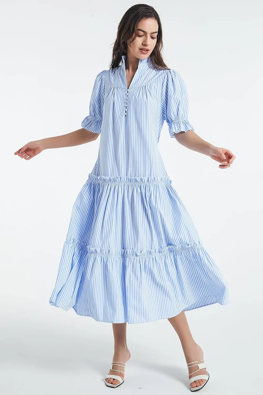 D-Sun Women Casual Button Down Maxi Dress Short Puff Sleeves Stand Collar Tiered Elegant Flowy Swing Long Dress with Tie