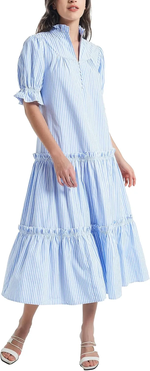 D-Sun Women Casual Button Down Maxi Dress Short Puff Sleeves Stand Collar Tiered Elegant Flowy Swing Long Dress with Tie