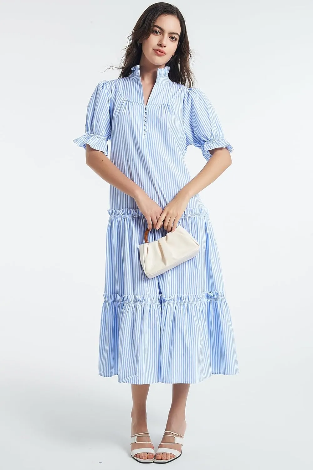 D-Sun Women Casual Button Down Maxi Dress Short Puff Sleeves Stand Collar Tiered Elegant Flowy Swing Long Dress with Tie