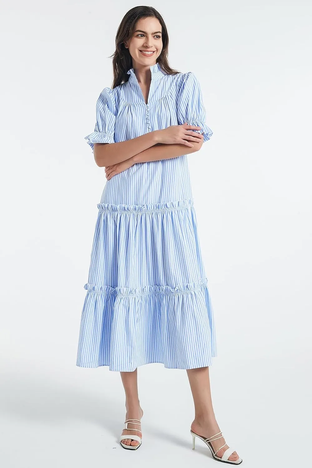 D-Sun Women Casual Button Down Maxi Dress Short Puff Sleeves Stand Collar Tiered Elegant Flowy Swing Long Dress with Tie