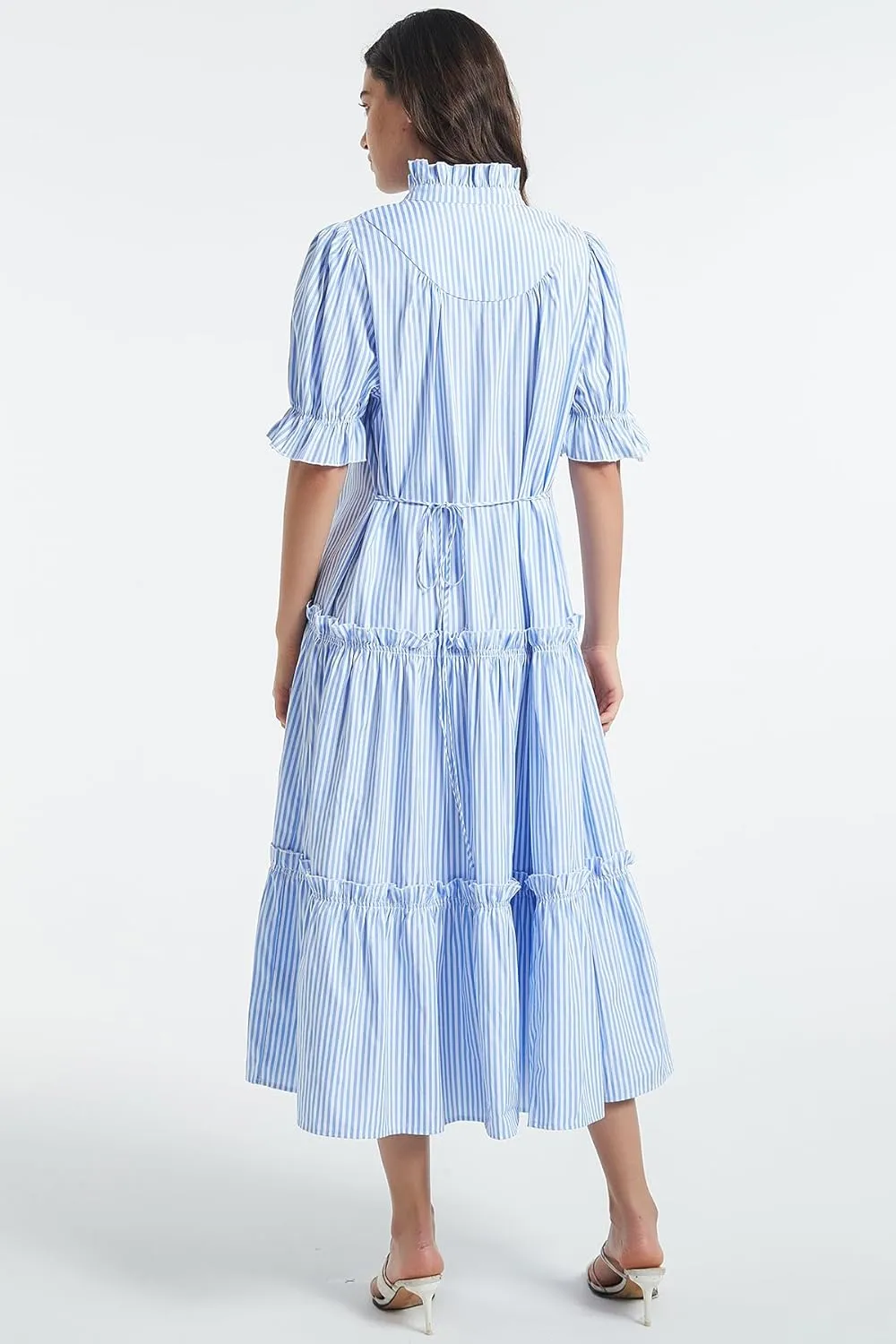 D-Sun Women Casual Button Down Maxi Dress Short Puff Sleeves Stand Collar Tiered Elegant Flowy Swing Long Dress with Tie