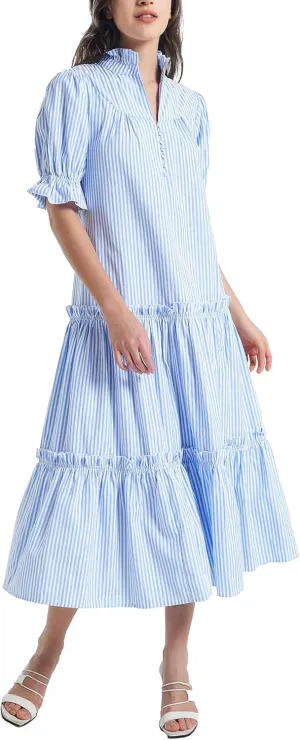 D-Sun Women Casual Button Down Maxi Dress Short Puff Sleeves Stand Collar Tiered Elegant Flowy Swing Long Dress with Tie
