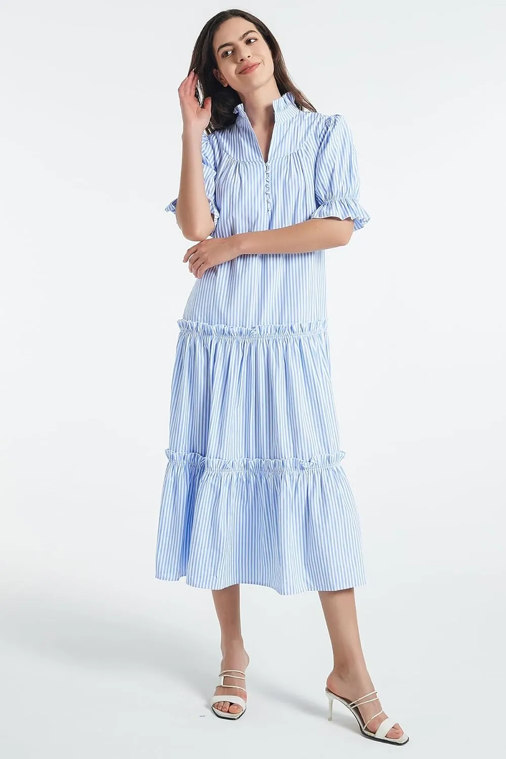 D-Sun Women Casual Button Down Maxi Dress Short Puff Sleeves Stand Collar Tiered Elegant Flowy Swing Long Dress with Tie