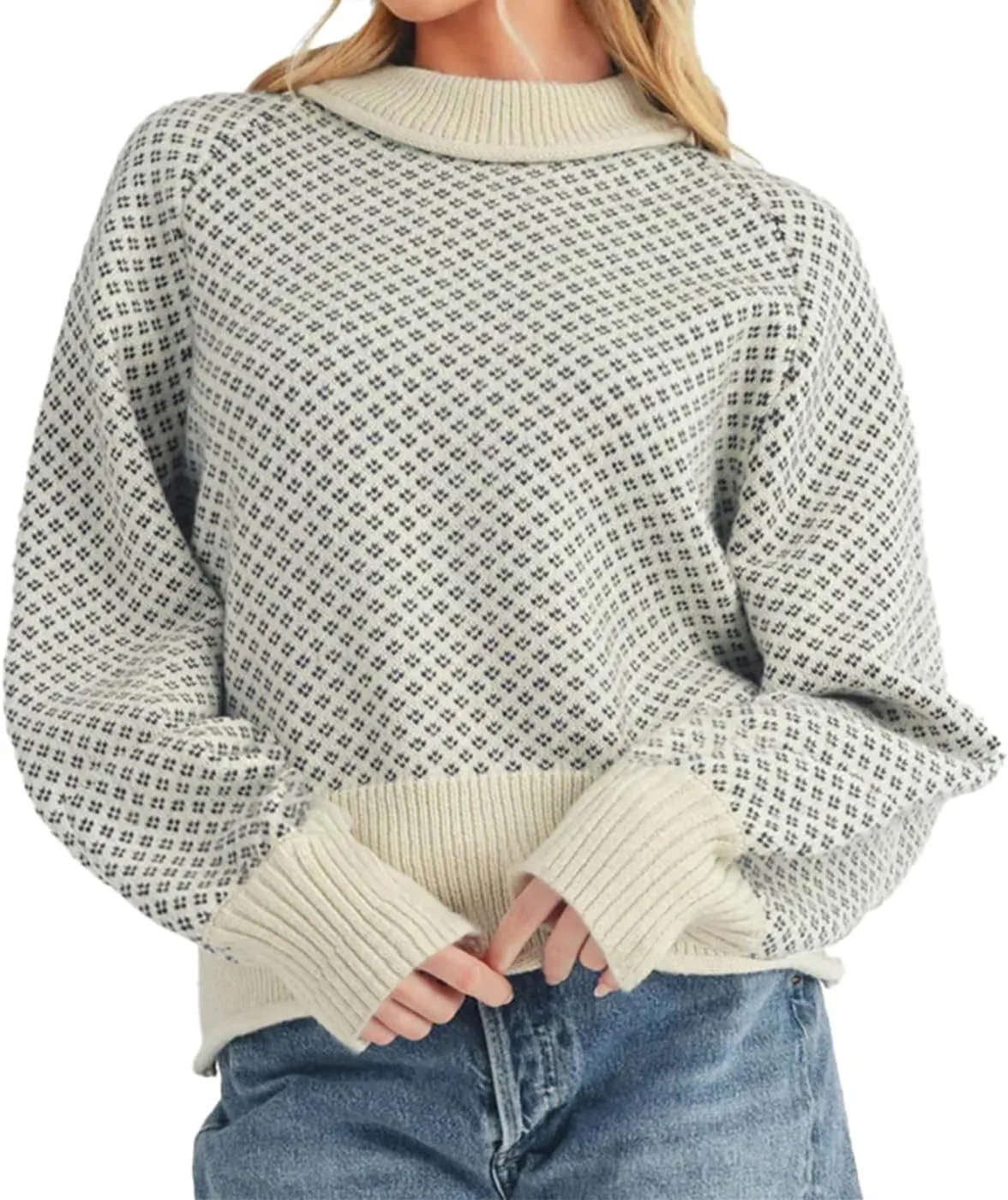 D-Sun Women Crewneck Plaid Sweater Long Sleeves Color Block Pullover Sweater Casual Winter Chunky Knit Ribbed Jumper Top