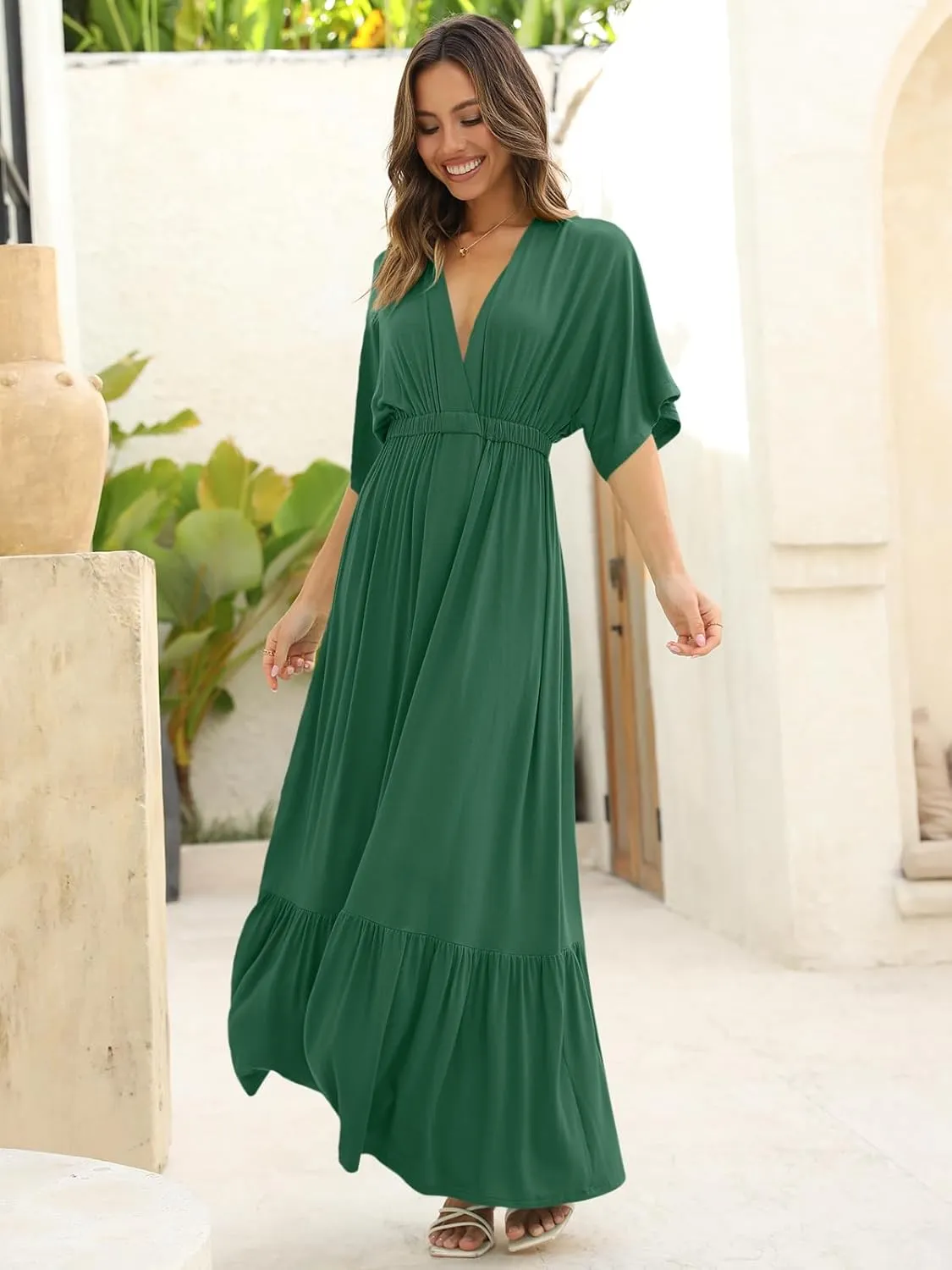 DEEP SELF Women’s Summer V Neck Batwing Short Sleeve Maxi Dress Casual Loose High Waist Flowy Long Beach Dress