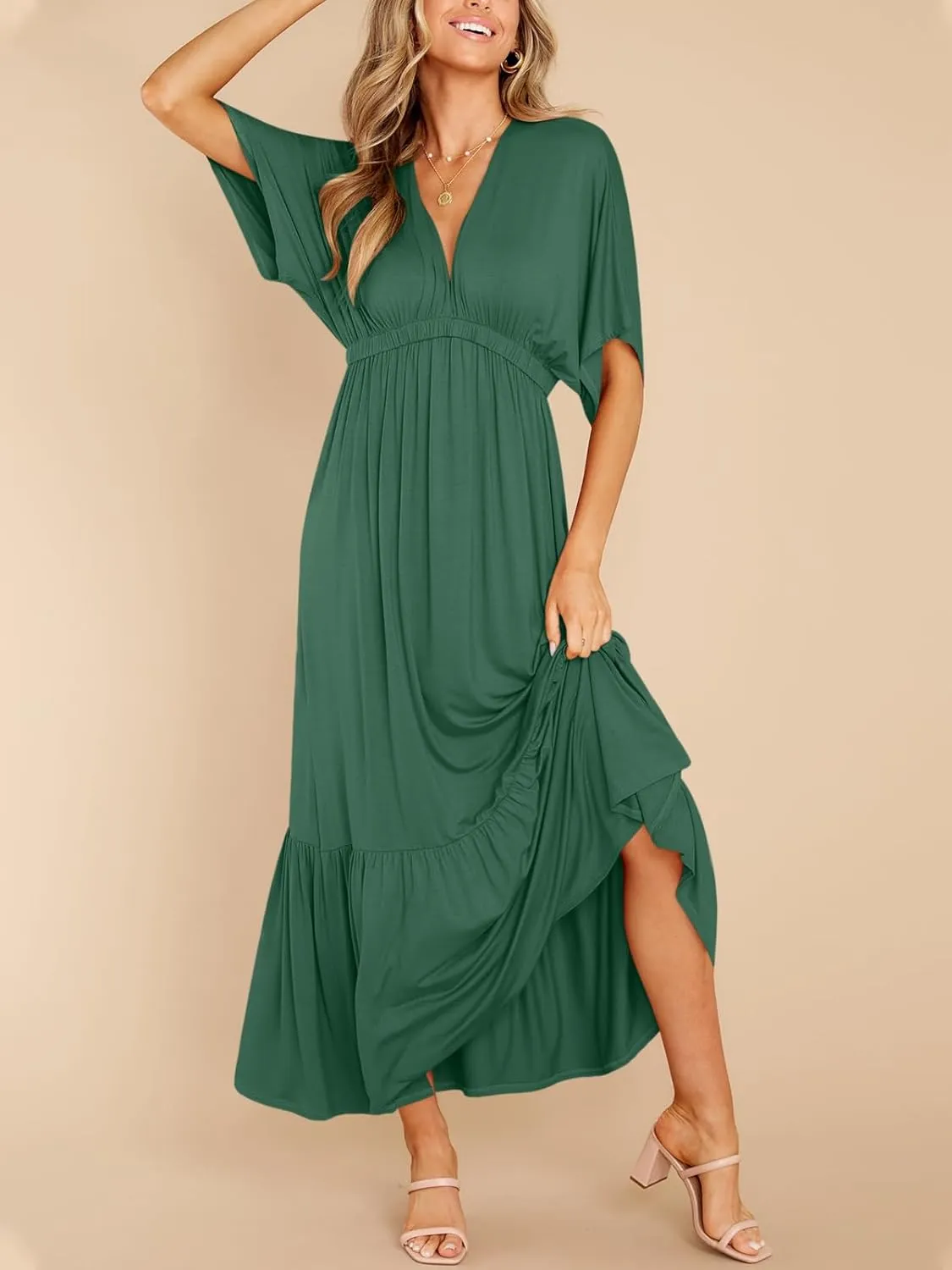 DEEP SELF Women’s Summer V Neck Batwing Short Sleeve Maxi Dress Casual Loose High Waist Flowy Long Beach Dress