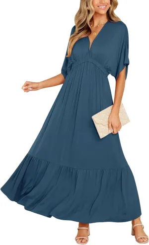 DEEP SELF Women’s Summer V Neck Batwing Short Sleeve Maxi Dress Casual Loose High Waist Flowy Long Beach Dress