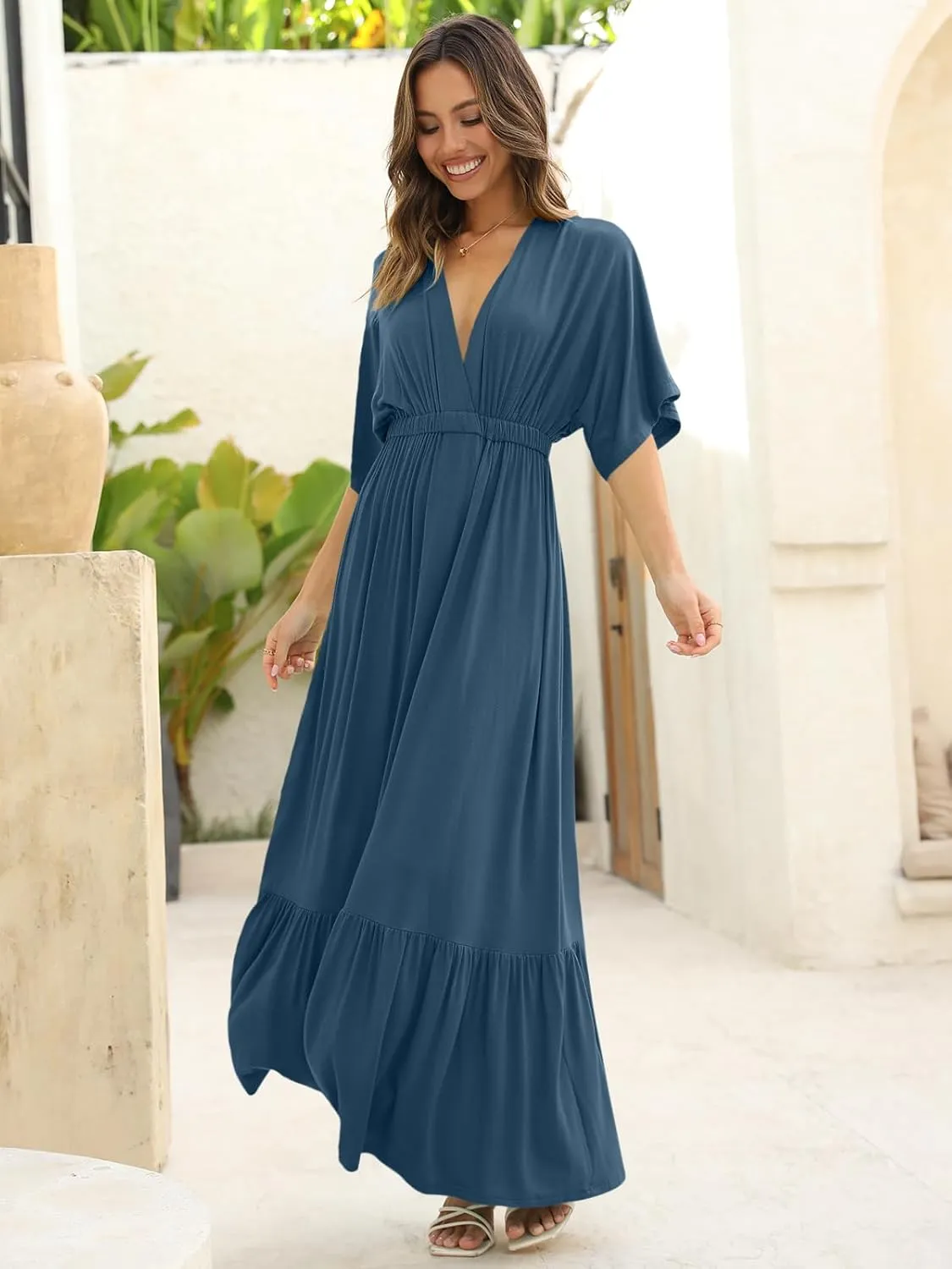 DEEP SELF Women’s Summer V Neck Batwing Short Sleeve Maxi Dress Casual Loose High Waist Flowy Long Beach Dress