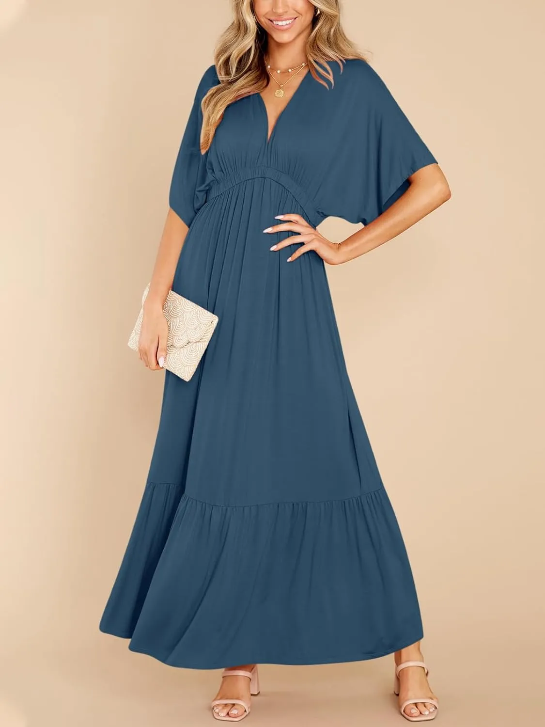 DEEP SELF Women’s Summer V Neck Batwing Short Sleeve Maxi Dress Casual Loose High Waist Flowy Long Beach Dress
