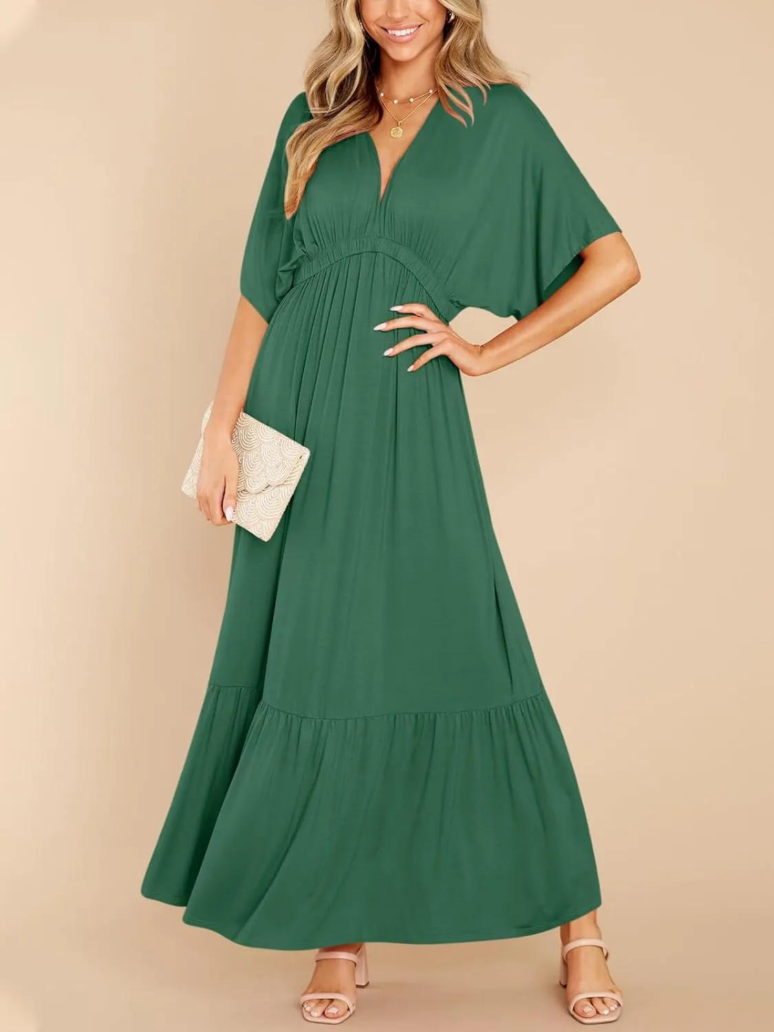 DEEP SELF Women’s Summer V Neck Batwing Short Sleeve Maxi Dress Casual Loose High Waist Flowy Long Beach Dress