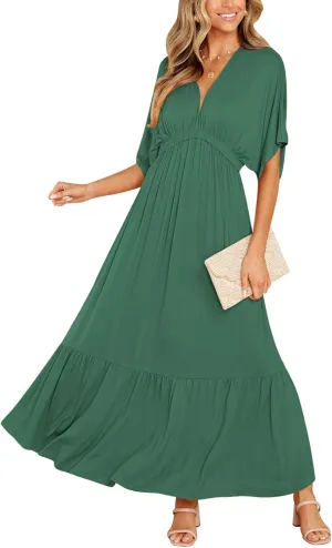 DEEP SELF Women’s Summer V Neck Batwing Short Sleeve Maxi Dress Casual Loose High Waist Flowy Long Beach Dress