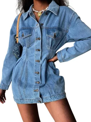 Denim Dress For Women Jackets Button Up Long Sleeve Lapel Basic Trendy Jean Romper