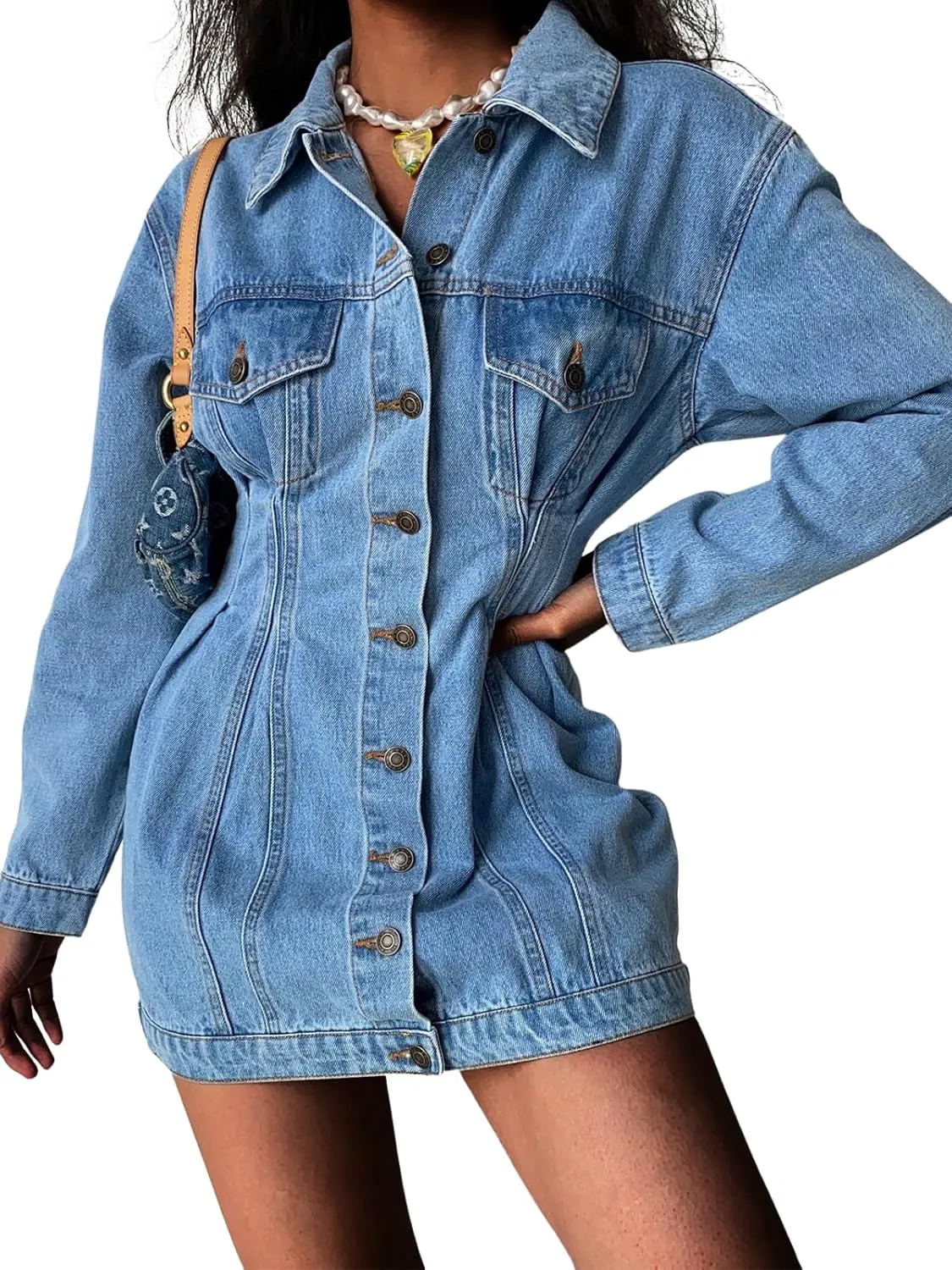 Denim Dress For Women Jackets Button Up Long Sleeve Lapel Basic Trendy Jean Romper