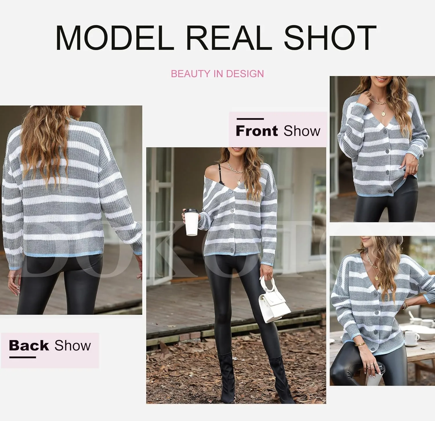 Dokotoo Sweaters for Women Long Sleeve Striped V Neck Button Down Knit Cropped Cardigan Sweater Tops