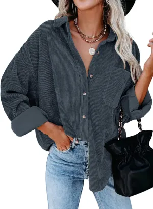 Dokotoo Womens Corduroy Button Down Shirts Boyfriend Long Sleeve Oversized Blouses Tops
