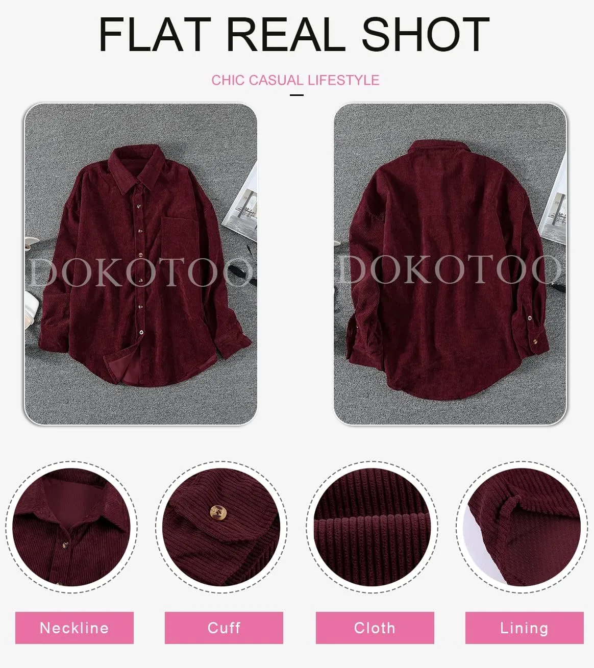 Dokotoo Womens Corduroy Button Down Shirts Boyfriend Long Sleeve Oversized Blouses Tops