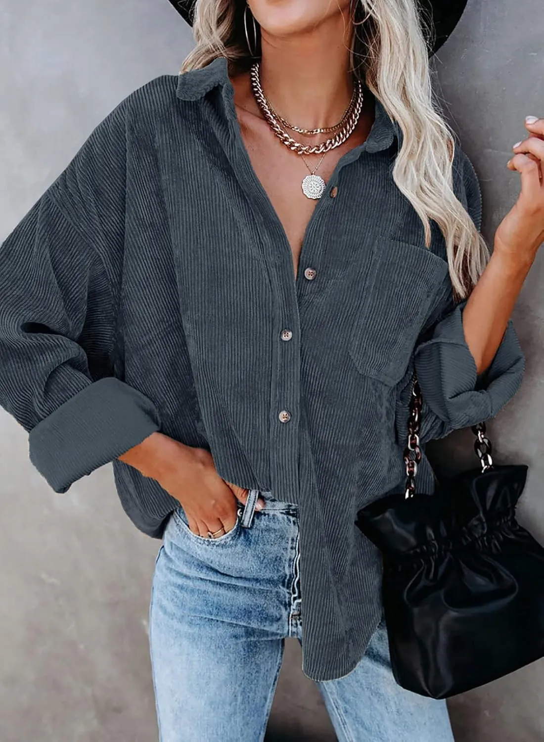 Dokotoo Womens Corduroy Button Down Shirts Boyfriend Long Sleeve Oversized Blouses Tops